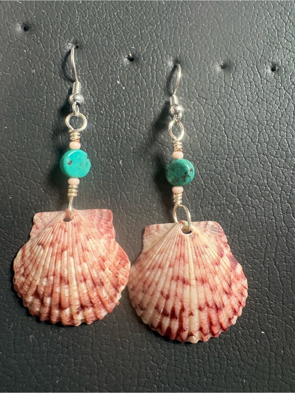 Handcrafted Pink Shell Drop Earrings with Turquoise Bead